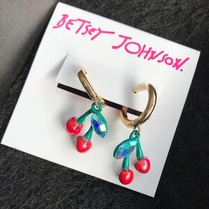 Betsey Johnson Cherry Huggy Hoop Drop AB Rhinestone Earrings New NWT